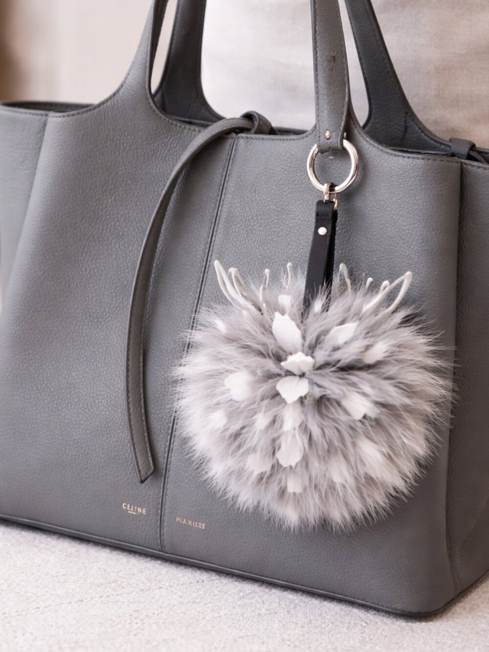 Large Pom Pom Fur Purse Charm Fluffy Key Finder Grey Clip-on New (No Bag)